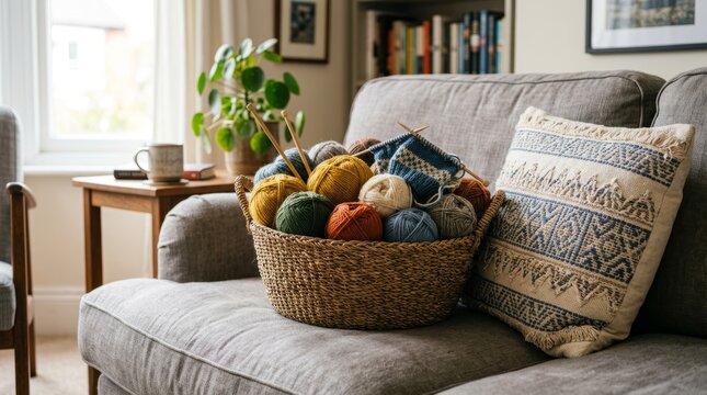 Cozy living room scene with a basket full of colorful yarn and knitting needles on a sofa.
