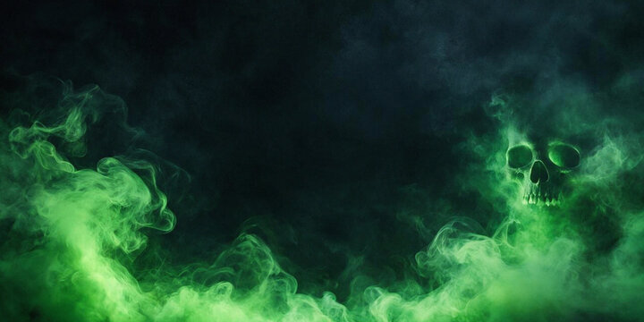 Halloween Skull Green Smoke Background - Spooky Horror Toxic Fog