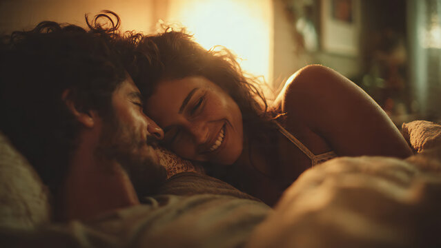 A loving young couple cuddling together in bed during a warm morning light.
