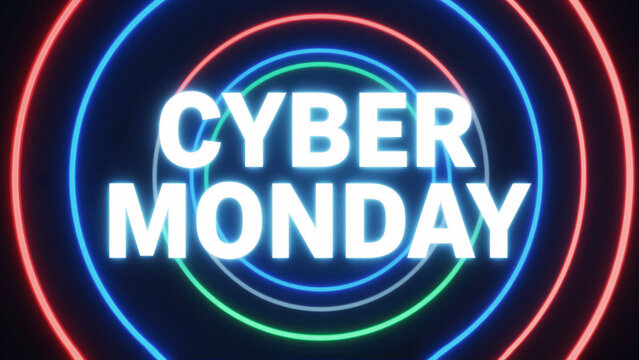 Dynamic background for Cyber Monday sale events. Vibrant neon rings and bold typography highlight promotions and special offers, driving online shopping and consumer interest