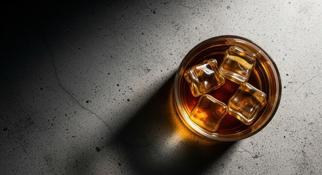 Top Down View of Whiskey Glass with Ice Cubes on Textured Concrete Surface with Dramatic Side Lighting and Long Shadow