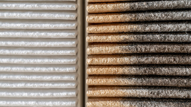 Detailed view of clean and dirty air conditioner filters side by side demonstrating the results of professional post summer cleaning and maintenance ultra photorealism, cinematic color correction, n