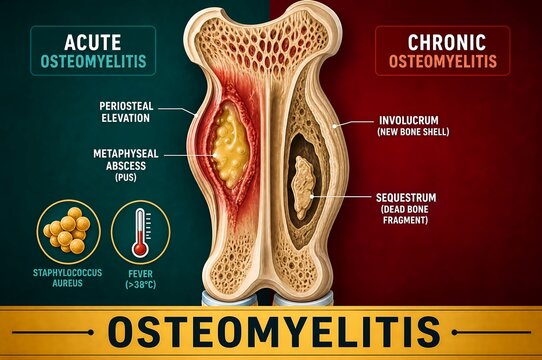 Osteomyelitis Medical Diagram Comparing Acute And Chronic Bone Infection Pathology