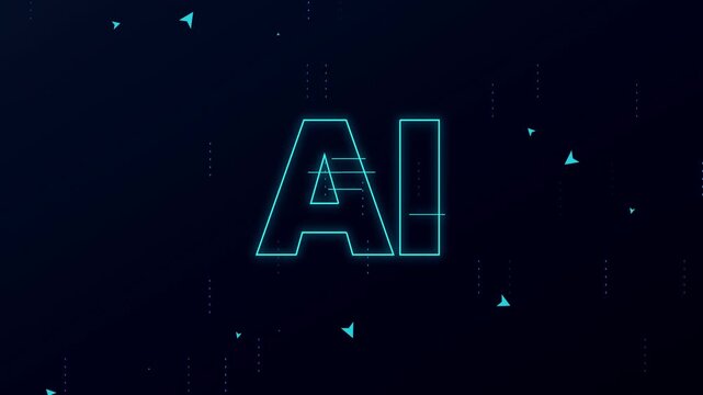 A futuristic logo animation featuring the text AI Helpdesk in glowing cyan neon lines against a dark blue digital background with floating geometric particles.