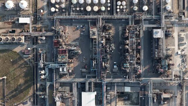 Aerial view of an industrial oil refinery complex with storage tanks, pipelines, and processing units in Bantzenheim, Grand Est, France.
