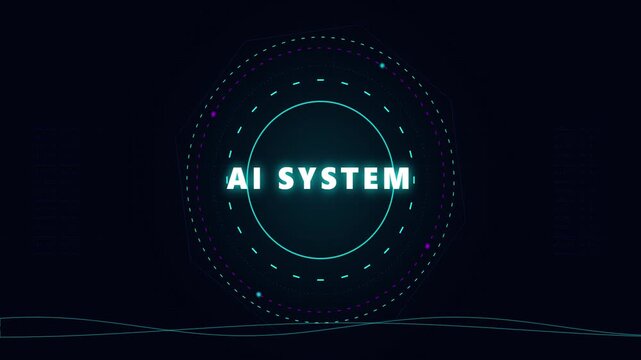 A digital animation featuring a glowing circular HUD interface with the text AI SYSTEM on a dark blue technological background.