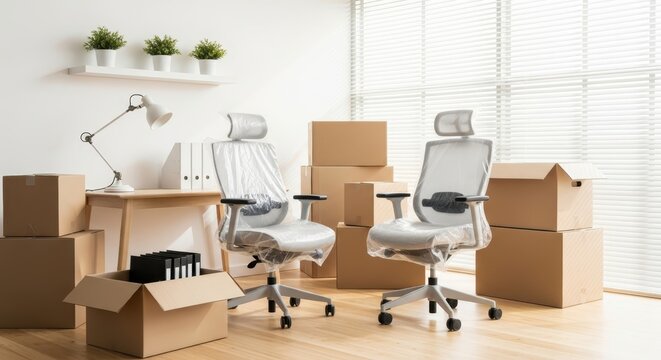 Business Moving Concept with Packed Cardboard Boxes and New Office Furniture in Bright Workspace