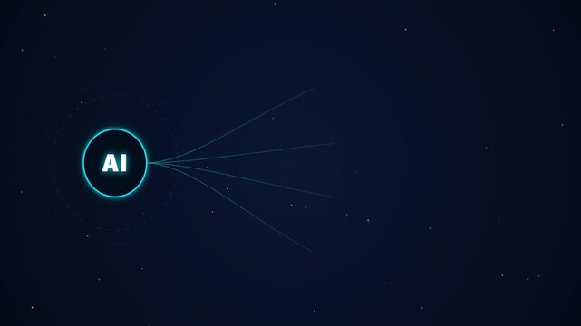 Abstract animation showing an AI node processing and distributing data through a digital network with glowing lines and nodes on a dark background.