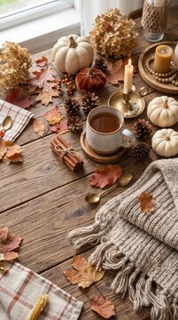 A cozy autumn scene unfolds on a rustic wooden table, adorned with mini pumpkins, fallen leaves, pinecones, a warm candle, and a steaming mug of coffee, exuding comfort and seasonal charm.