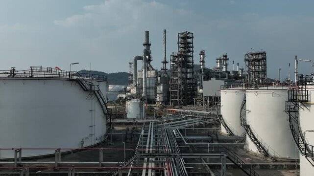 Aerial view oil and gas refinery petrochemical storage tank and pipeline steel, Oil and gas transportation system pipeline steel at oil and gas refinery industry chemical plant, Pipeline oil and gas.