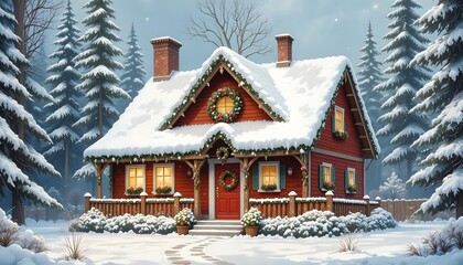 Fototapeta premium Red Christmas cottage decorated with wreaths and garlands in a snowy pine forest