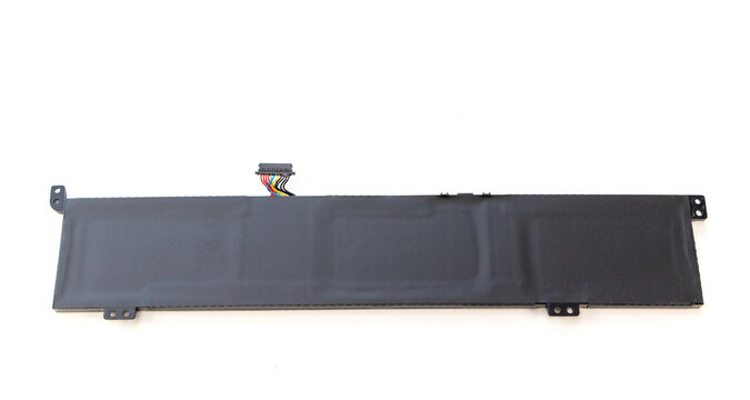 Replacement black lithium ion laptop battery on white background