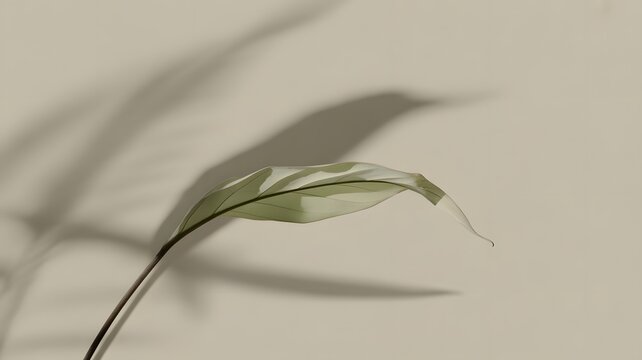 A single green leaf casts a long shadow on a neutral background, creating a minimalist and serene composition