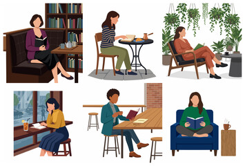 Fototapeta premium Collection of flat vector illustrations of diverse women reading books and enjoying coffee in various cozy indoor settings like cafes, libraries, and home gardens