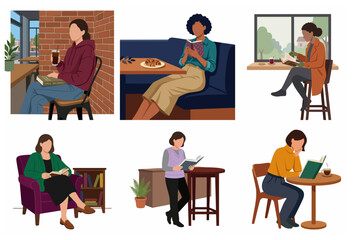 Fototapeta premium Collection of flat illustrations of women reading books in cozy cafe and home environments