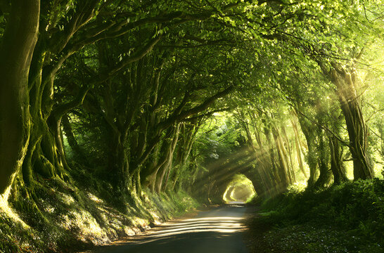 In the West Sussex, UK, Halnaker tree tunnel reveals sunlight. This ancient route aligns with Stane Street, the historic London to Chichester road.