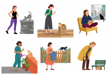 Fototapeta premium Collection of flat vector illustrations showing diverse women interacting with pet cats in various daily life scenes at home, in the garden, and outdoors.