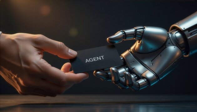 Robotic hand receiving a black business card with agent text from a human hand, representing futuristic business partnership, cybernetics, and machine learning technology.