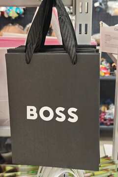 Krasnodar, Russia. - April 30, 2026: Lots of Boss branded paper bags