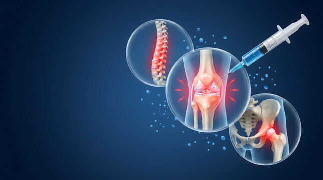 3D render of human joints pain treatment with syringe injecting medicine into knee, spine, and hip, Medical concept of osteoarthritis and joint inflammation therapy with painkiller injection.
