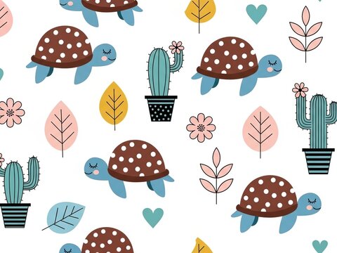 Cute cartoon turtles with cacti and leaves on a white background