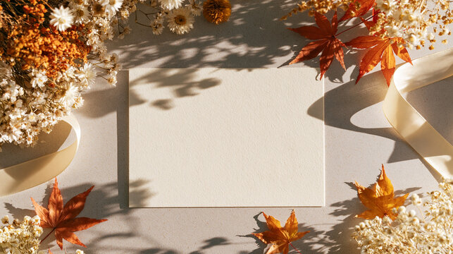 秋の紅葉とドライフラワーが添えられた空白のカード