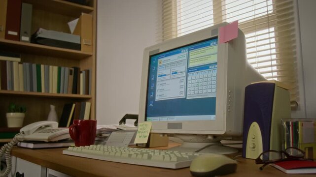 Retro computer monitor displaying vintage software interface sitting on messy office desk. Vintage technology setup ideal for nostalgic corporate videos or 90s history documentaries