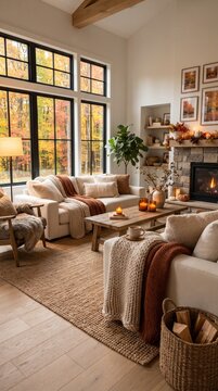A cozy living room is beautifully decorated for autumn, featuring a large fireplace, comfortable sofas draped with blankets, and a coffee table adorned with seasonal decor.