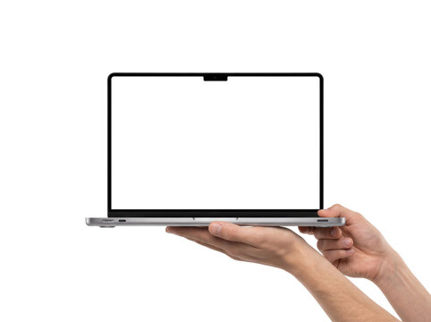 Hands holding modern silver laptop with blank black screen isolated on transparent background png