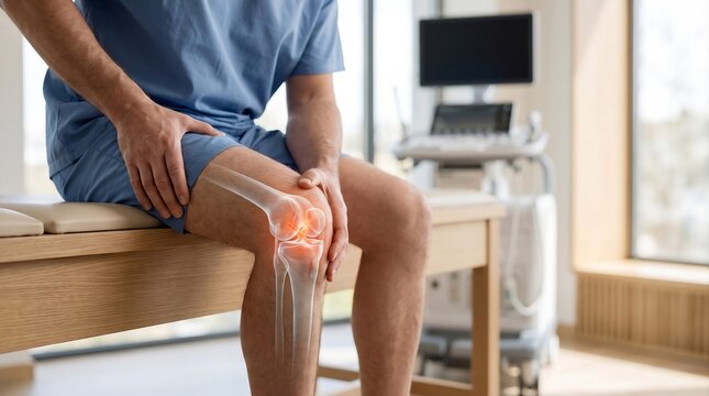 Man Suffering From Knee Joint Pain With Transparent Anatomy Overlay Highlighting Inflamed Knee Joint