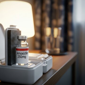 Amoxicillin 250mg Bottle and Packaging on Wooden Table