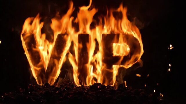 A striking visual representation of the 'VIP' acronym engulfed in flames, showcasing a captivating interplay of fire and darkness, symbolizing exclusivity and intensity.