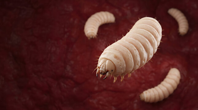 Macro close-up of pale segmented maggot crawling on dark red textured background, parasitic larva concept.