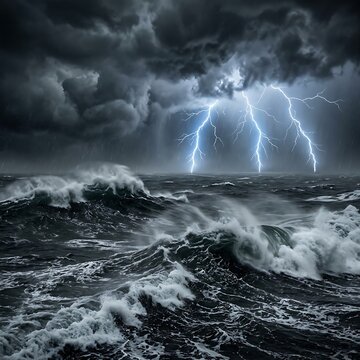 Dramatic stormy ocean waves crashing violently.