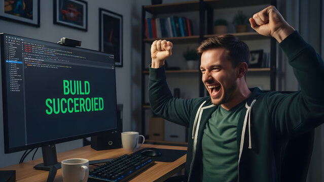 Programmer celebrating success with arms raised in front of computer screen