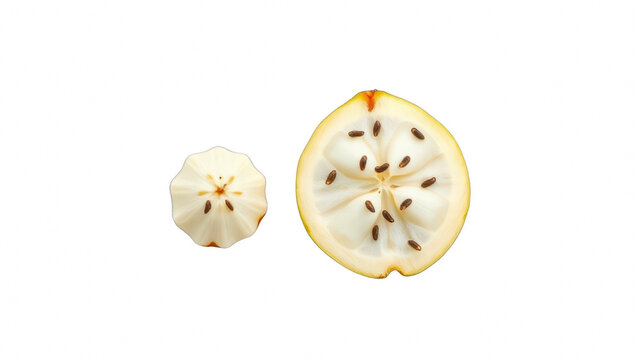 Cross section of a custard apple fruit on black background