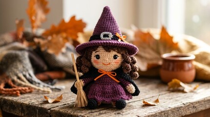 Fototapeta premium Handmade Witch Doll with Pointed Hat Surrounded by Autumn Leaves and Pumpkins.