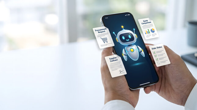 Hands holding smartphone with AI robot assistant managing procurement, supplier contracts, and order status, Smart AI application for B2B management, virtual robot assistant on phone screen.
