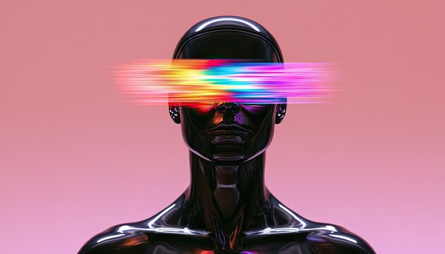 A metallic humanoid bust with a vibrant, distorted digital eye effect