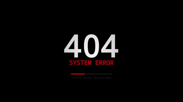 404 system error animation with a loading progress bar and brief digital glitch effect on a black background