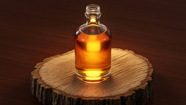 Clear glass bottle filled with amber liquid on a wooden slice.