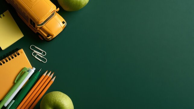 Back to school flat lay with yellow school bus, pencils, notebooks and green apples on chalkboard