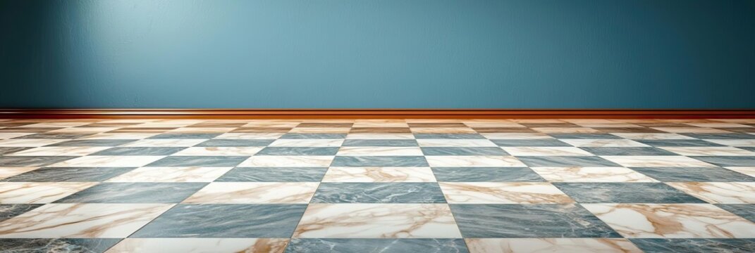 Empty room with checkered marble floor and blue wall for interior design background featuring perspective view of classic luxury tile pattern