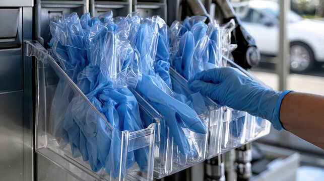 Modern gas station convenience store, fuel service and roadside travel concept. Blue disposable gloves in clear container at gas station convenience store for customer use and safety measures