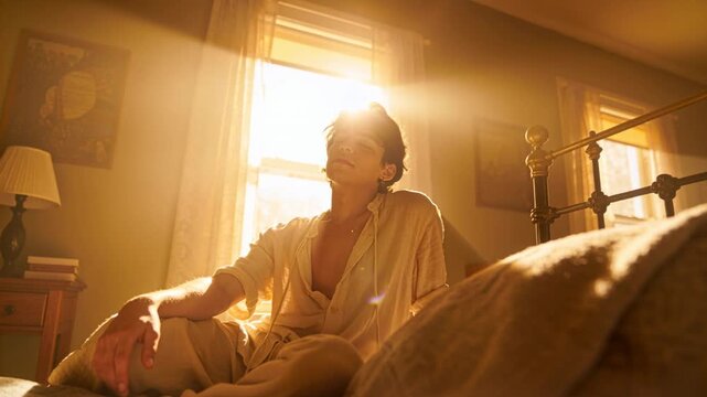 Tilting male in loose shirt shifting on bed at window as sun intensifies, with brass bedpost