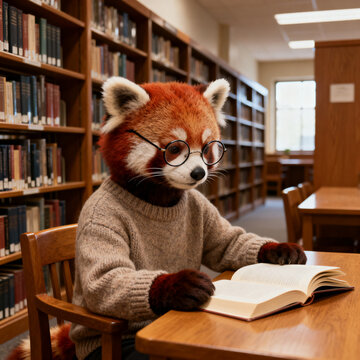 Cute humanoid red panda wearing sweater and glasses reading book in quiet library