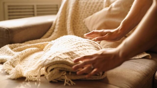 Reaching shirtless man with left ring rolling knitted throw on sofa in living room tidying sofa