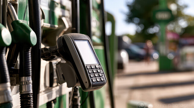 Modern gas station convenience store, fuel service and roadside travel concept. Fuel pump nozzle with digital display at gas station convenience store, vehicles in background, sunny day