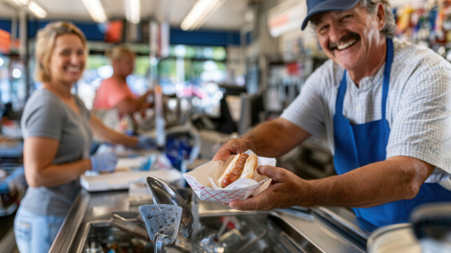 Modern gas station convenience store, fuel service and roadside travel concept. Male cashier in blue apron serves hot dog to customer in gas station convenience store with snacks and drinks