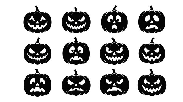 Set of twelve black silhouette carved jack o lantern pumpkin faces for halloween decoration isolated on transparent background